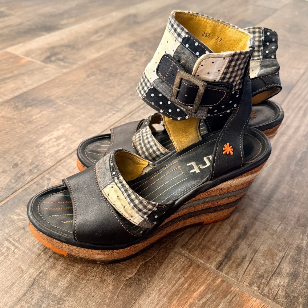 Art Vintage Women's Patchwork Gingham Dot Black Leather Jute Wedge Sandals,39